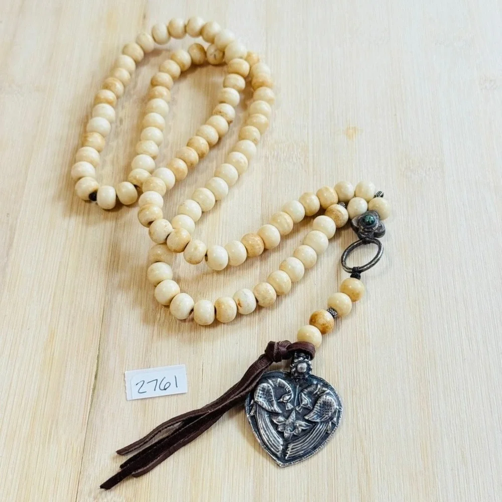 BOHO Y2K Peacock Heart necklace Silver Tone Long Beaded Statement Rare Indie 30